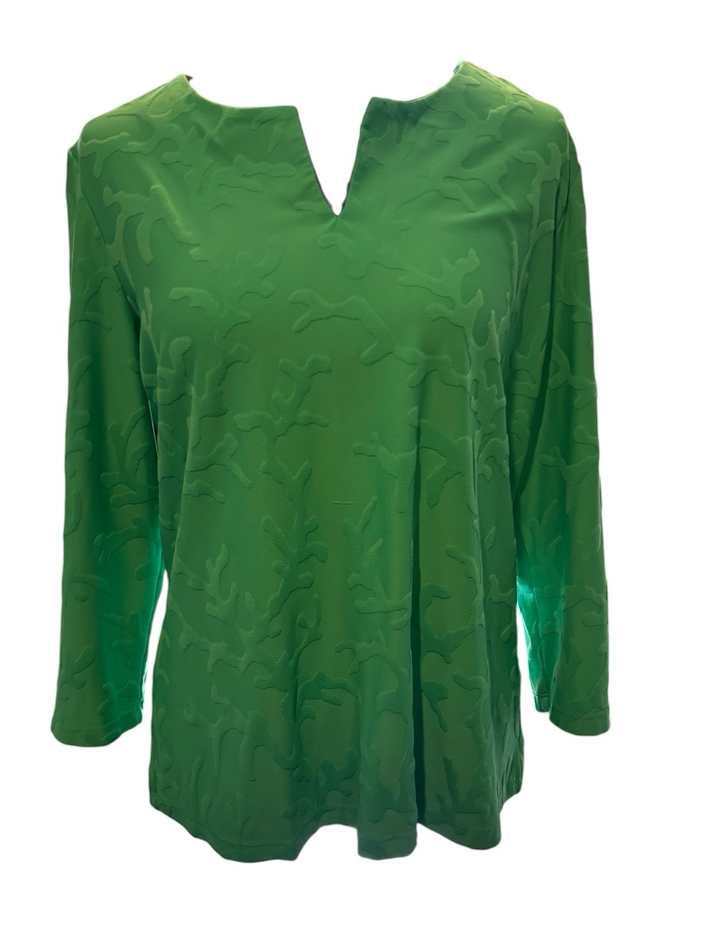 J McLaughlin Catalina Cloth Knit Green Coral Print V-Neck 3/4 Sleeve Top,XL